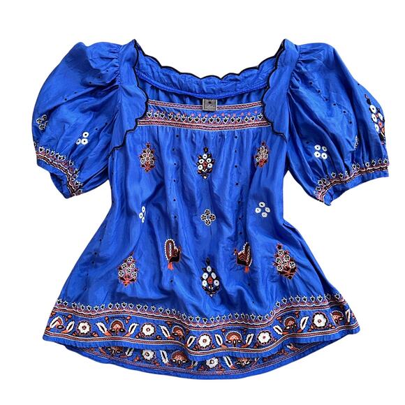 Lithe 100% Silk Blue Peasant Blouse S – Embroidered Boho Top Y2K Era - Picture 1 of 5